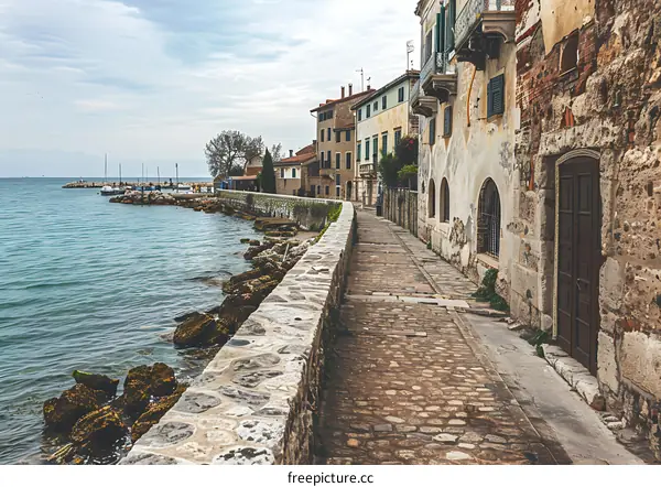 Stone Pathway Leading to Coastal Town with Old Buildings