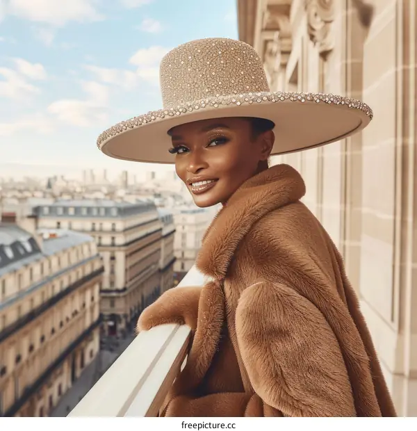 Graceful Black Woman Wearing a Designer Hat and Fur Coat in Paris