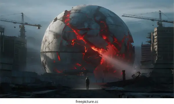 Giant cracked sphere with red lava in urban construction site