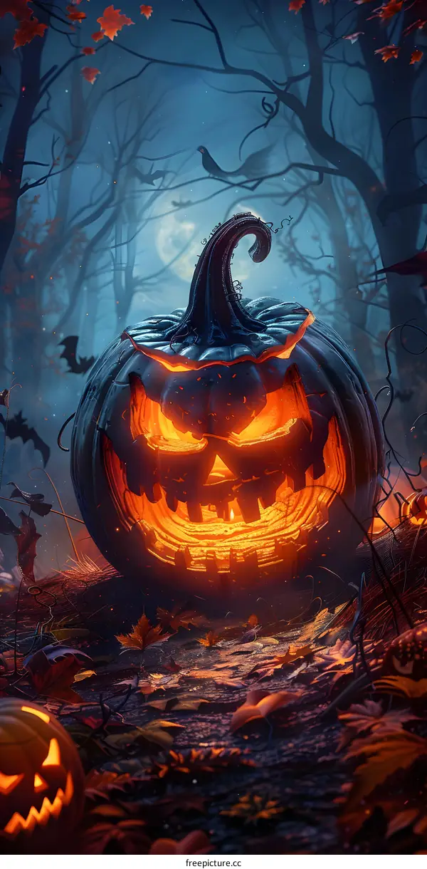 A spooky pumpkin glowing in the dark forest