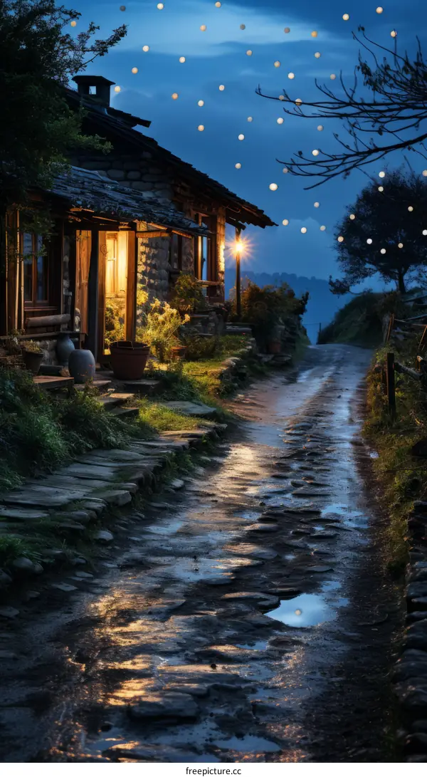 Stone cottage in the mountains at night