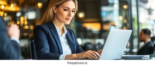 Businesswoman Working on Laptop in Cafe