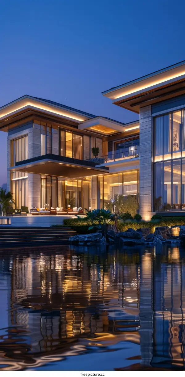 Luxury Modern Mansion at Dusk by the Pond