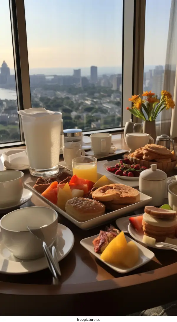 A delicious breakfast buffet with a view of the city