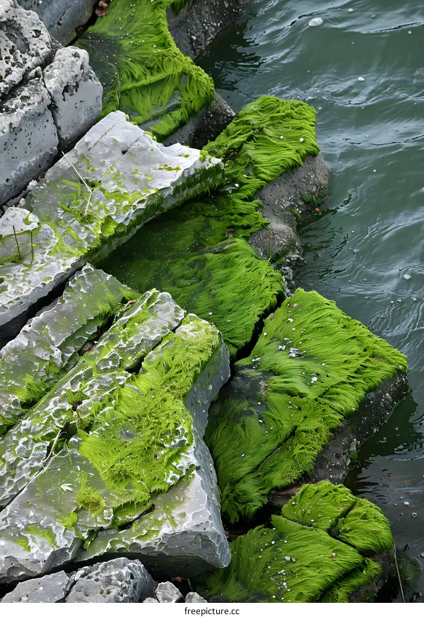 Green Moss on Rocks by Water