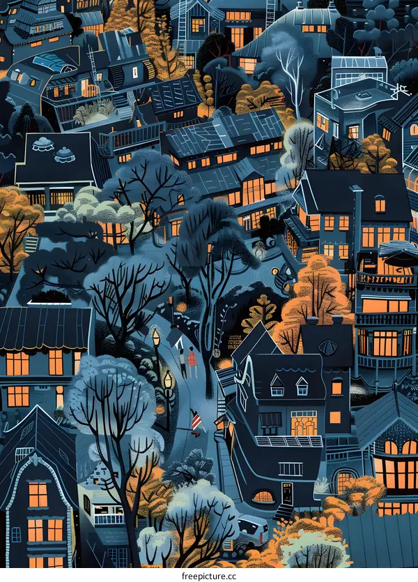 Night View of a City with Houses and Trees