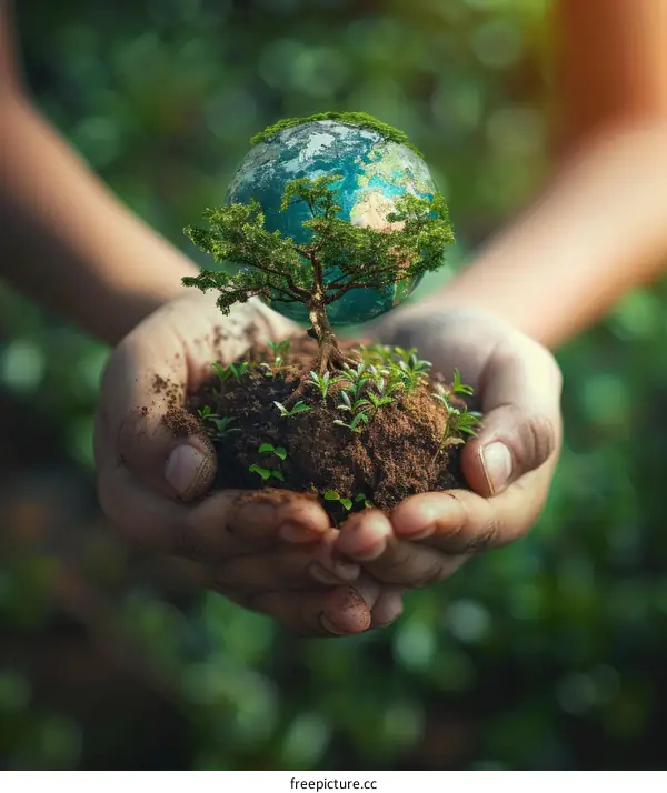 A photo of a person holding a plant with the Earth in the background