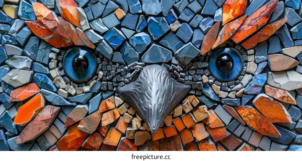 Mosaic of an owl made of colorful rocks and tiles