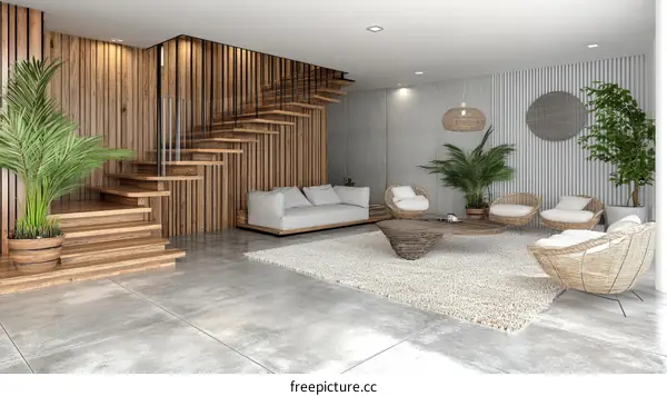 Modern Wooden Staircase Living Room Interior