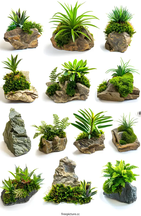 Assortment of Green Plants in Rock Pots on White Background