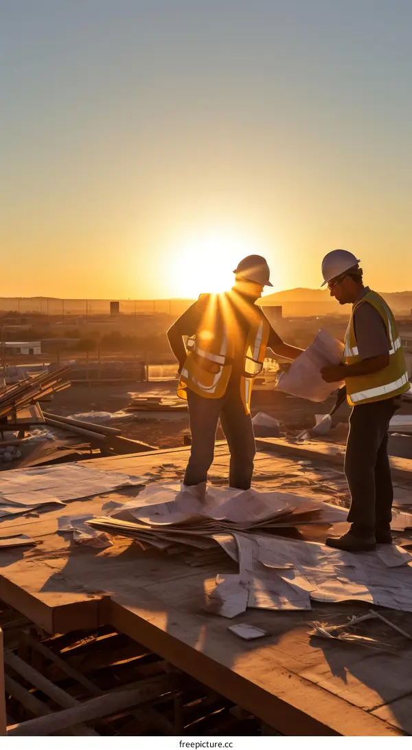 Two construction workers looking at blueprints on a rooftop at sunset