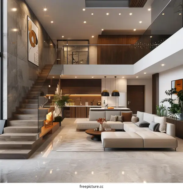 Modern Luxury Home Interior Design with Living Room, Kitchen, and Staircase