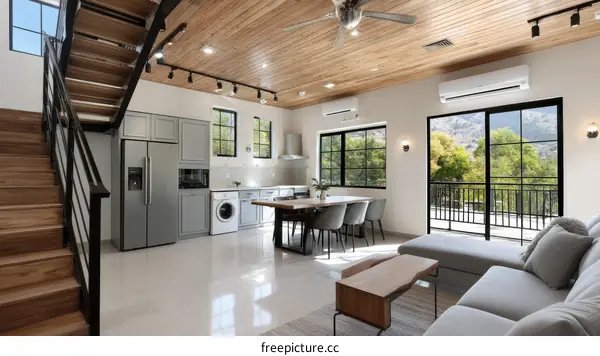 Modern Open-Concept Living Area with Kitchen and Dining Area