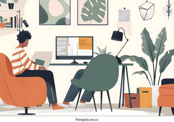 Working From Home Illustration, Black Person Using Laptop
