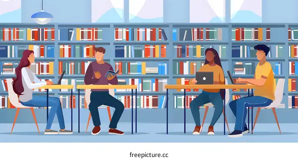 Students Studying In The Library With Bookshelves