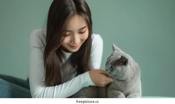 A young woman is petting a gray cat