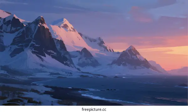 Snowy Mountain Range Under Colorful Sky at Sunset
