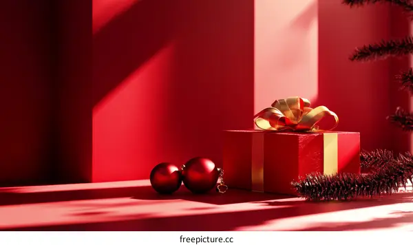 Red Christmas Gift Box with Decorative Ornaments