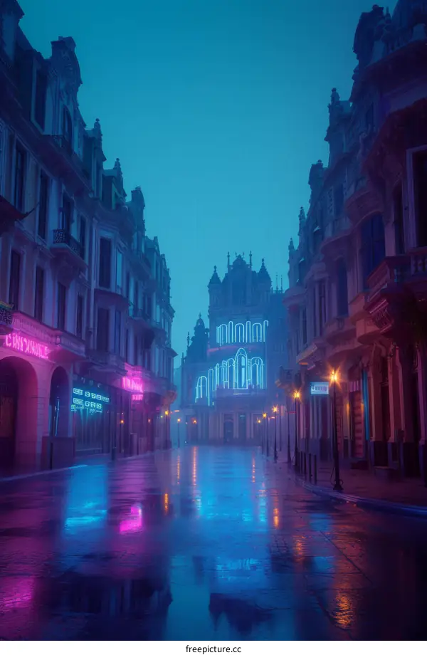 A rainy night in a cyberpunk city street with neon lights reflecting off the wet pavement