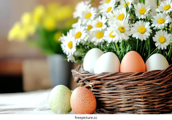 Easter Eggs in a Basket with Daisies