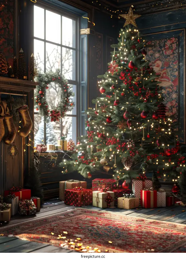 Exquisitely Decorated Christmas Tree by the Fireplace