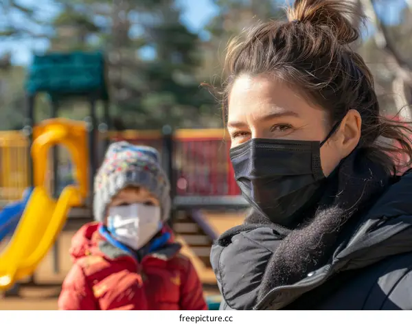 Mother and son wearing surgical masks outdoors