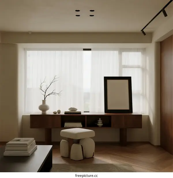 Modern minimalist living room with wooden console and white curtains