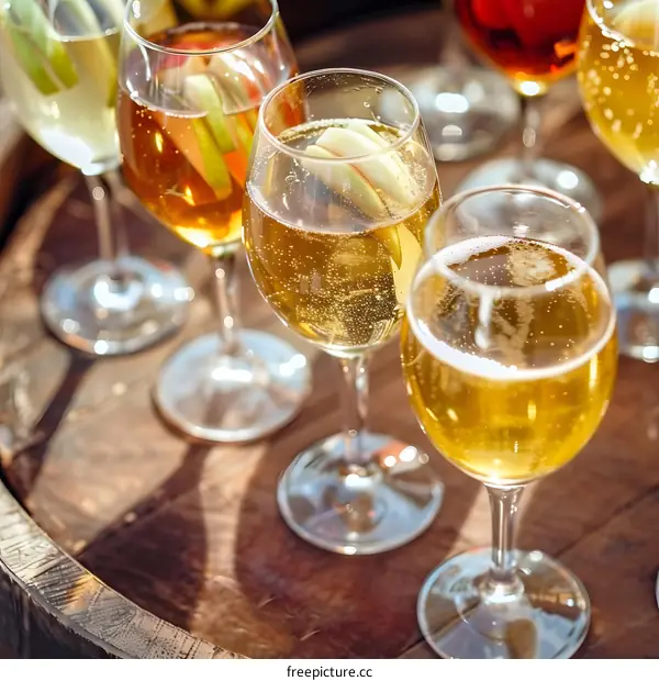 Sparkling Apple Cider in Glasses on Wooden Barrel