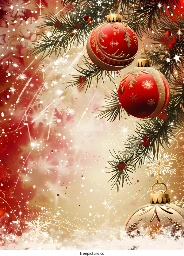Christmas background with fir branches and red and gold ornaments