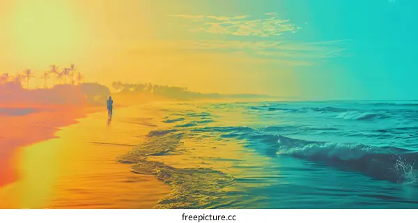 Sunrise on the Beach with a Single Silhouette Walking