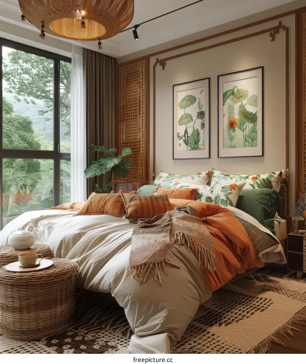Cozy Beige Bedroom with Botanical Prints