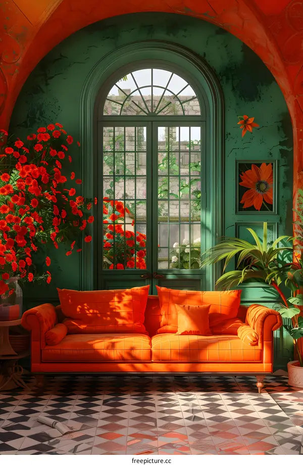 Orange Couch in a Green Sunroom