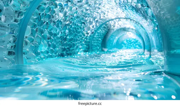 Blue Water Tunnel With Bubbles