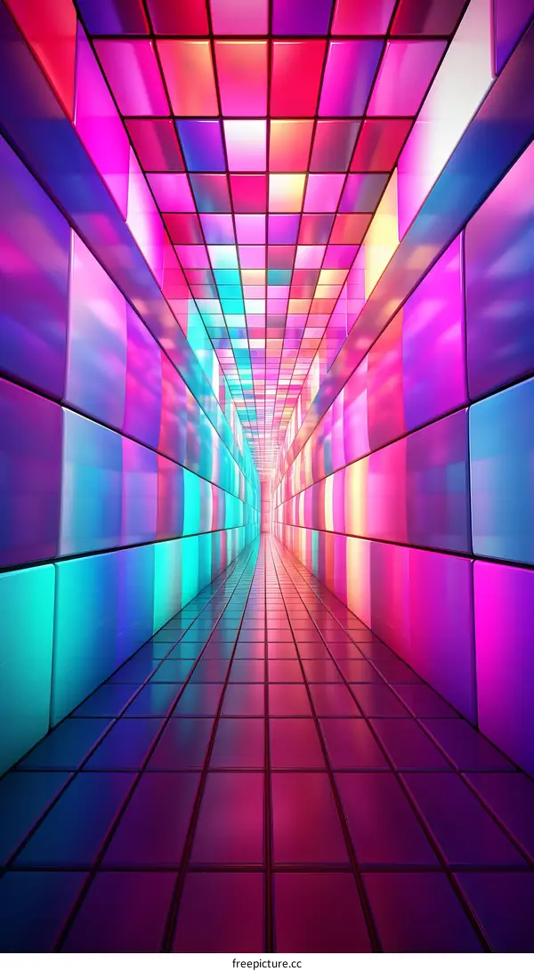 A long corridor with colorful tiled walls and a shiny floor