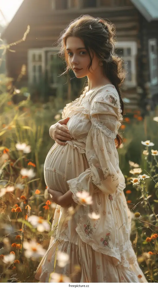 Pregnant Woman in a Floral Dress in a Field