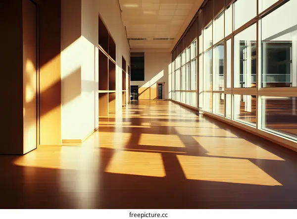 Empty Hallway With Large Windows and Wood Floor