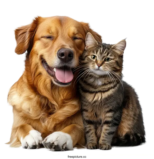 [Transparent Background PNG]Friendly Golden Retriever and Cat Companionship