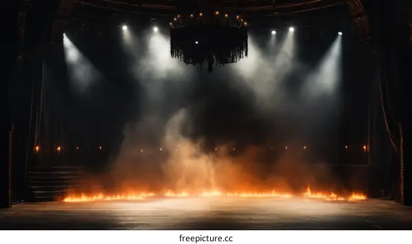An empty theater stage on fire with a spotlight