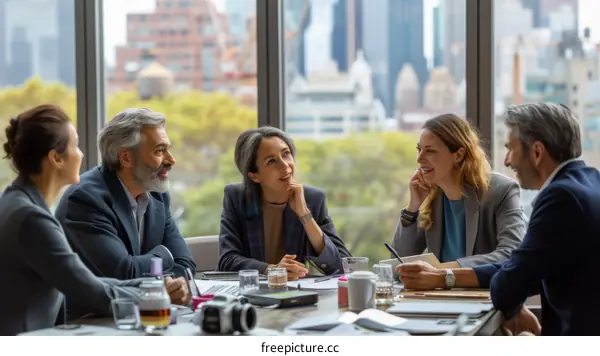 A group of business professionals having a meeting in a modern office