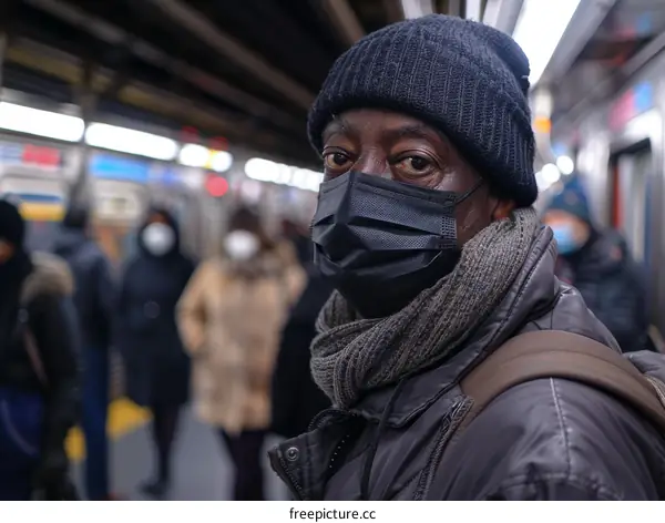 A black man wearing a mask is looking at the camera