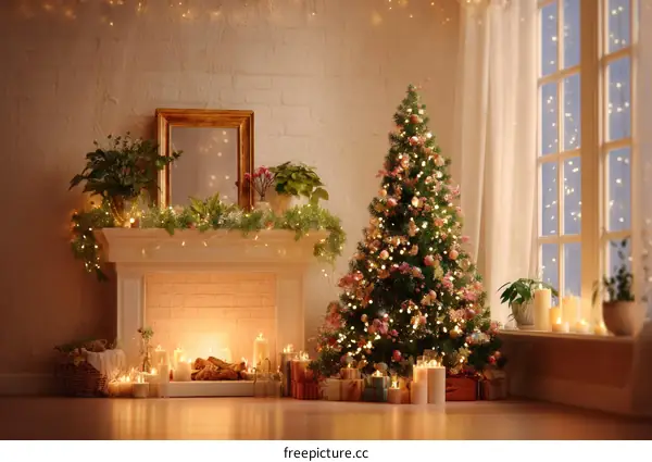 Cozy Christmas Interior Scene with Fireplace and Tree