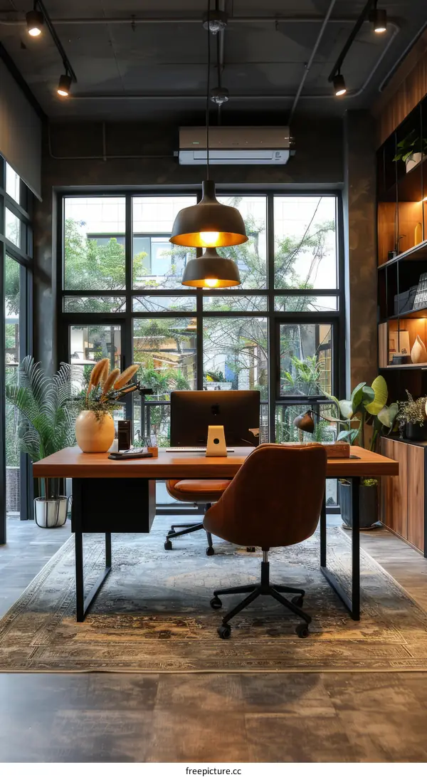 Stylish Home Office with Large Windows and Desk