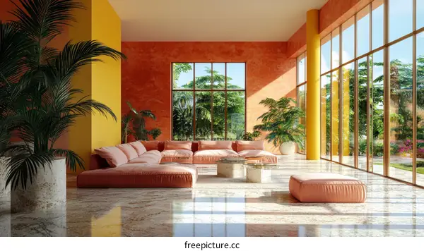 Modern Living Room Interior Design with Lush Plants