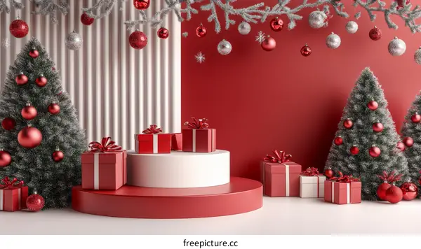 Christmas Scene with Gift Boxes and Trees