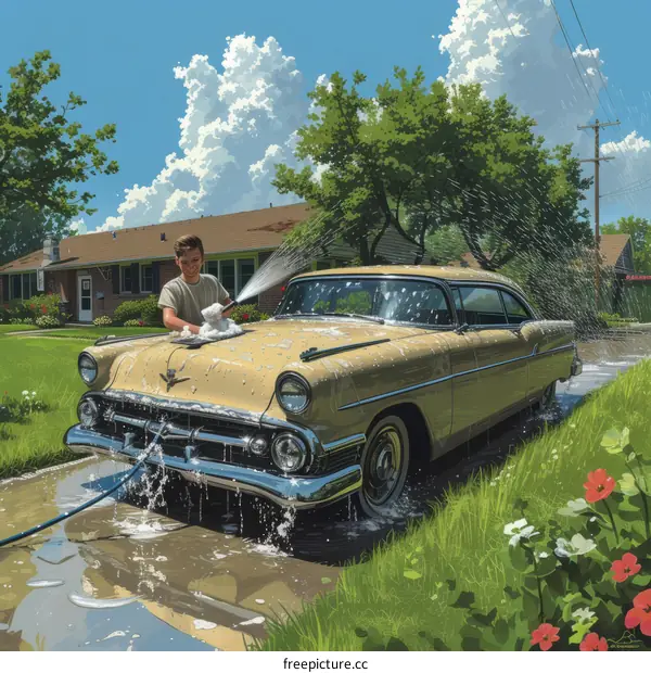 Boy washing a car in the driveway of his house