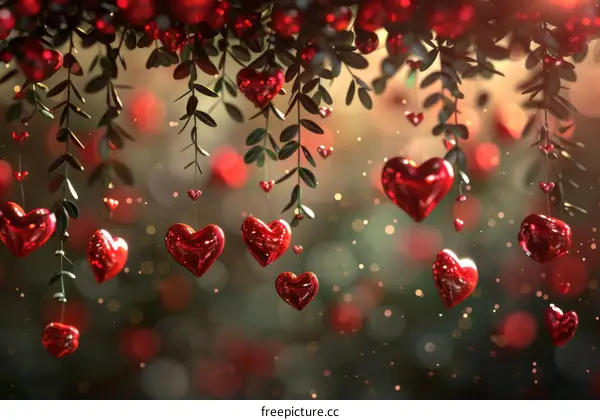 Shiny Red Heart Ornaments Hanging on a Branch with Green Leaves