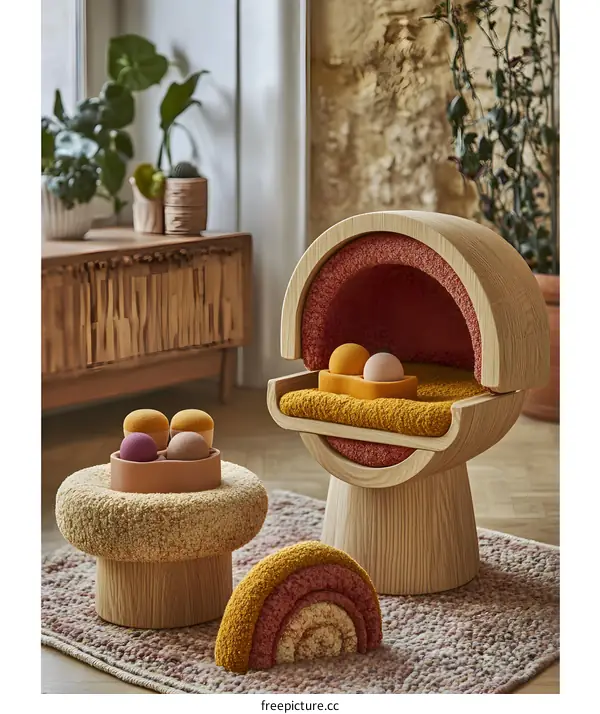 Wooden Mushroom Shaped Chair and Stool for Kids Playroom