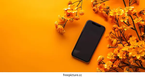 Black Smartphone with Yellow Flowers on an Orange Background
