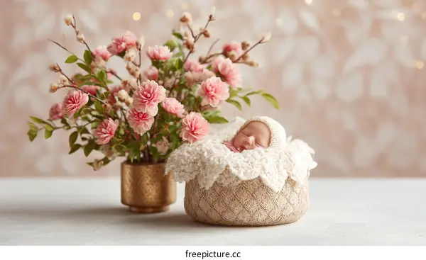 Adorable Newborn Baby Girl Nestled in a Floral Setting