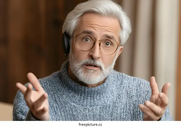 Senior Man Talking with Headset While Wearing Glasses